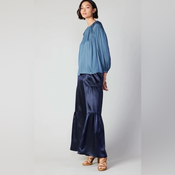 Current Air Tops - Current Air Slate Blue Ruffle Detail Pleated Satin Blouse Office Stylish Classic